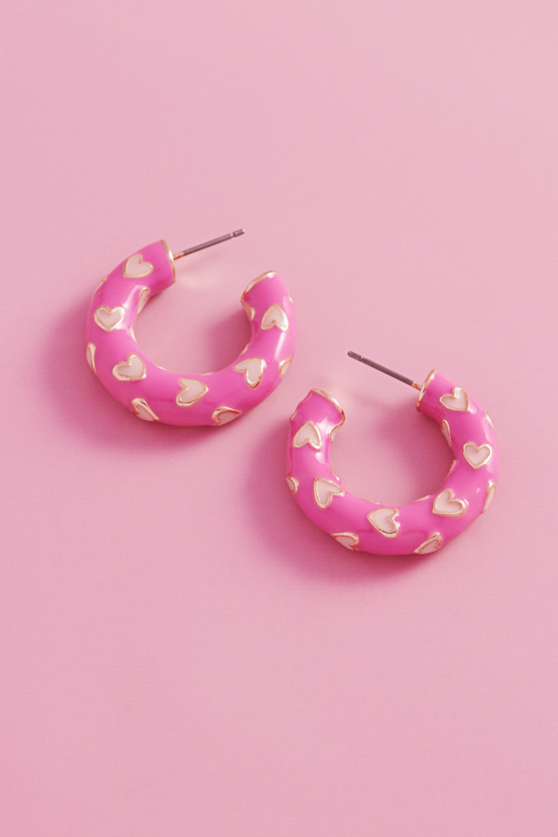 Valentines Day Heart Pattern Enamel Hoop Earrings