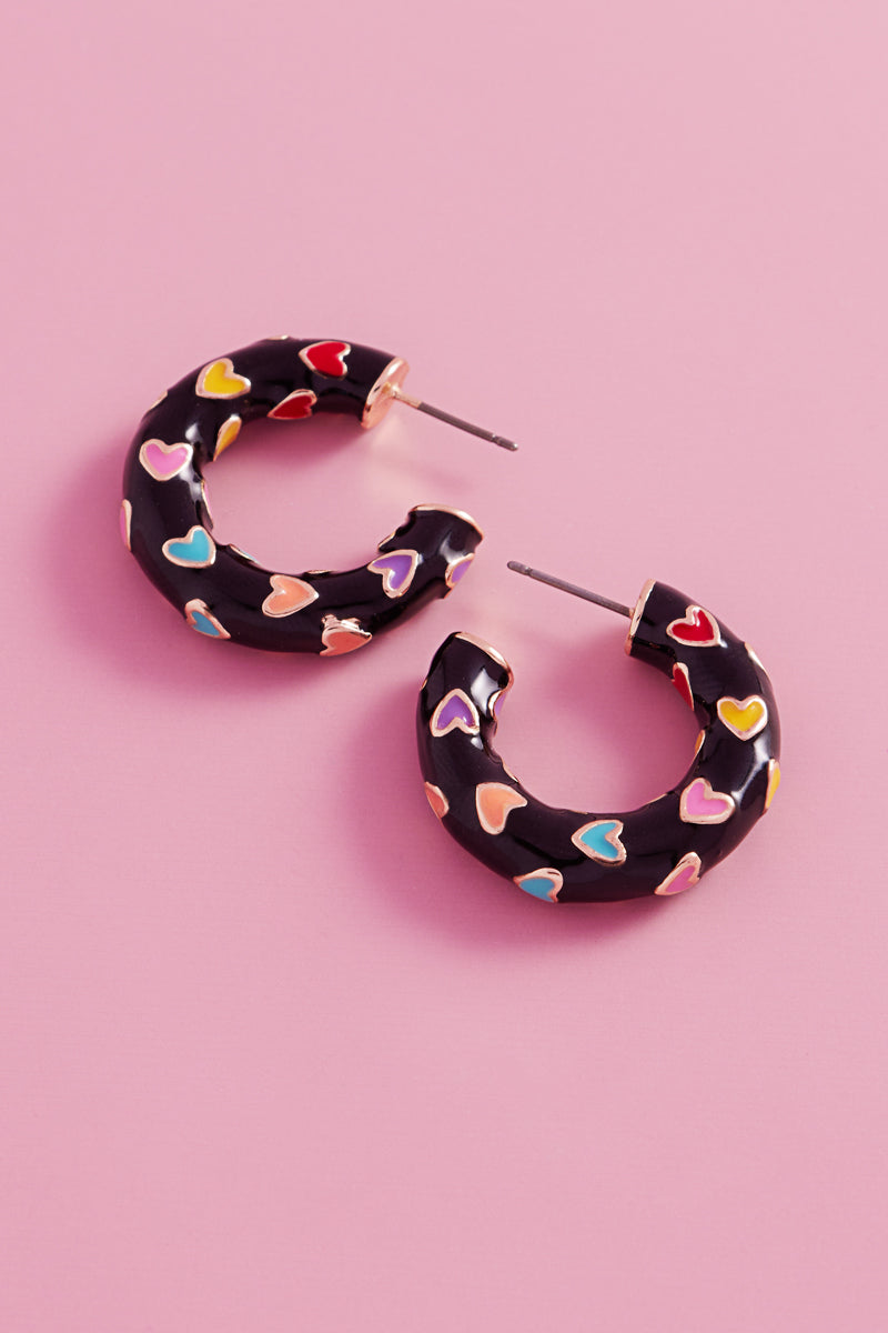 Valentines Day Heart Pattern Enamel Hoop Earrings