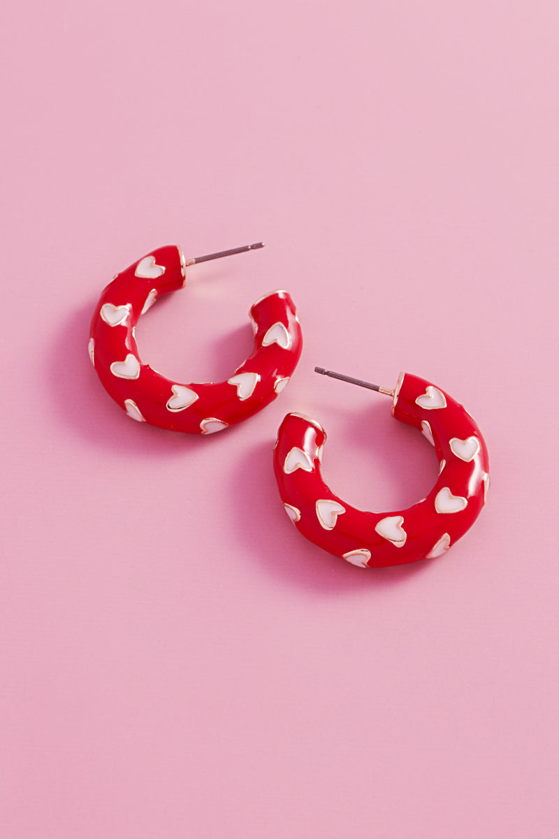Valentines Day Heart Pattern Enamel Hoop Earrings