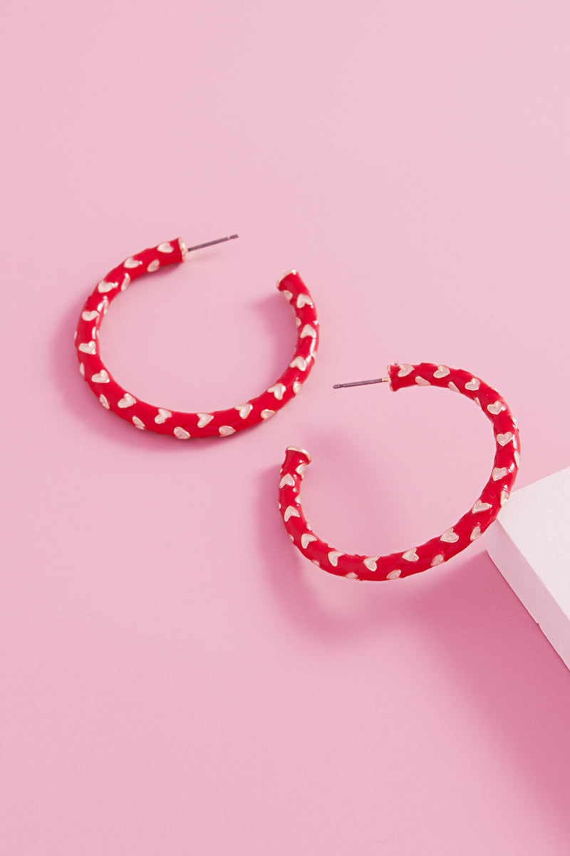 Valentines Day Heart Pattern Enamel Hoop Earrings