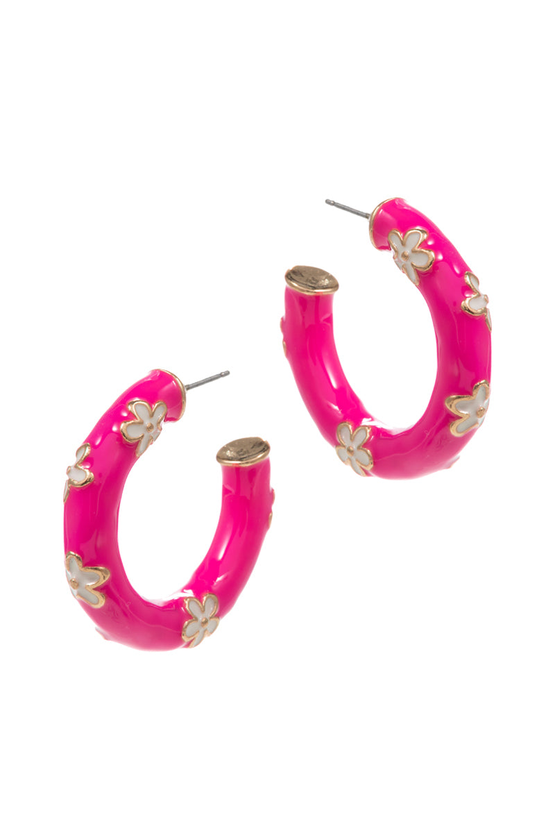 Flower Patterned Enamel Hoop Earrings