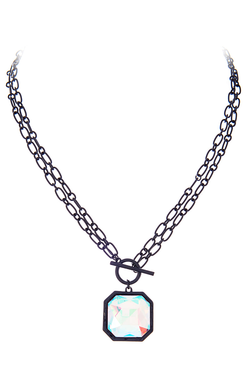 Ab Coated Glass Rhine Stone Pendant Long Necklace