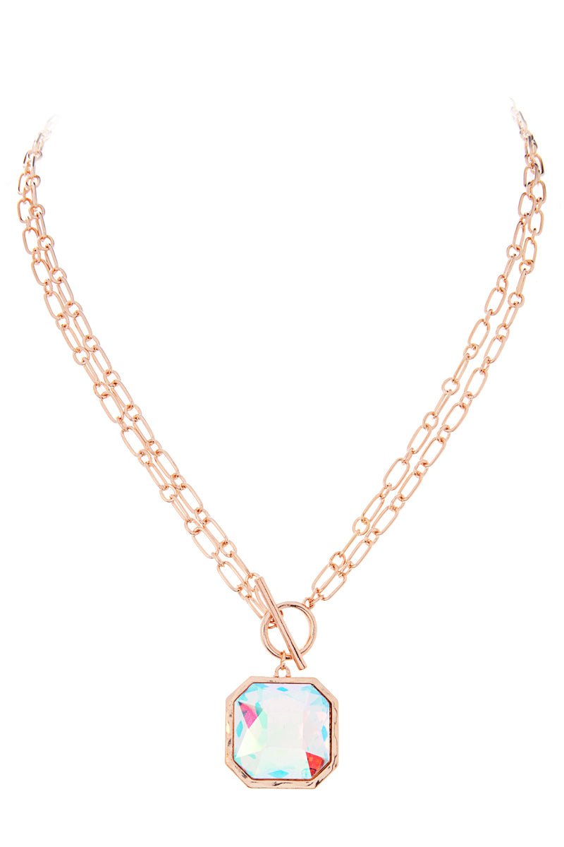 Ab Coated Glass Rhine Stone Pendant Long Necklace