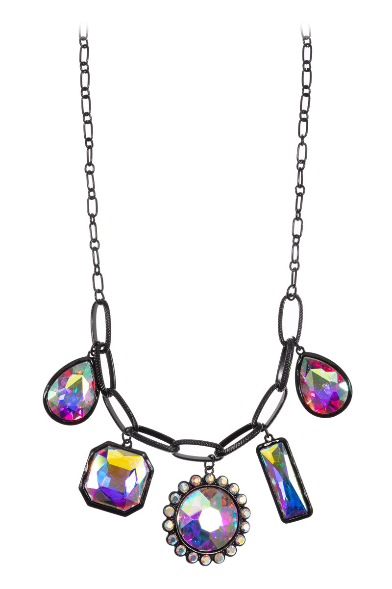 Multi Ab Glass Rhine Stone Charm Long Necklace