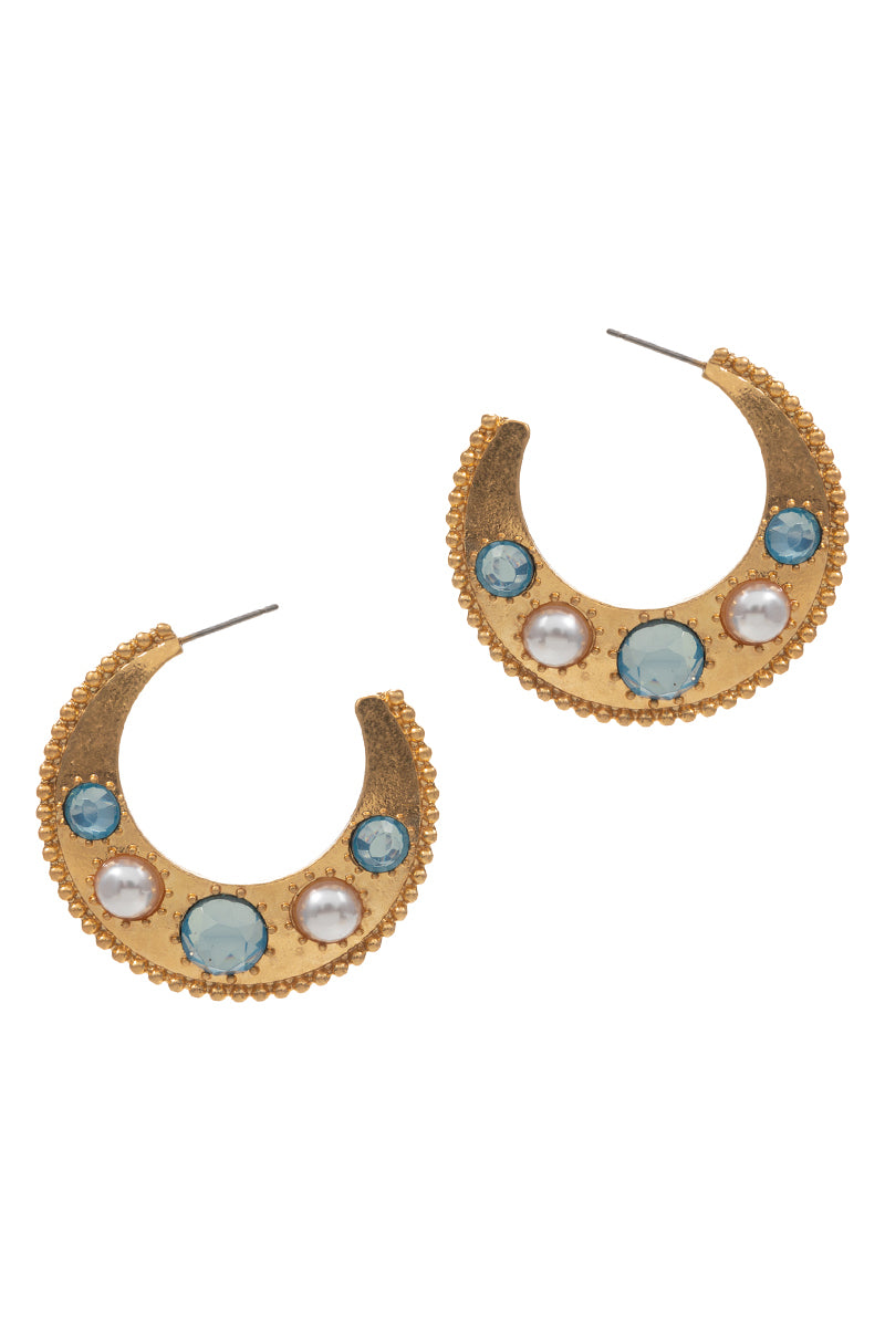 Round Shaped Sideway Pearl Glass Hoop Earrings