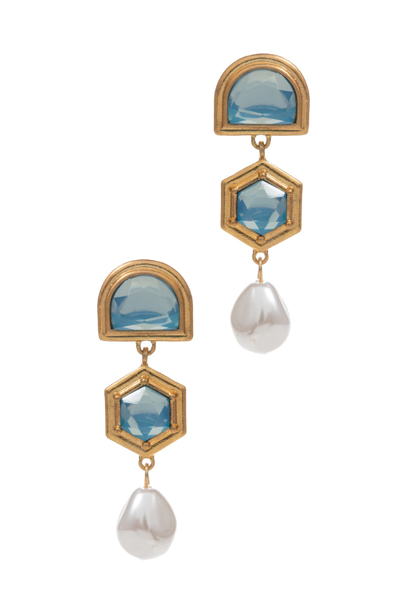 Linear Shaped Bezel Pearl Glass Post Earrings