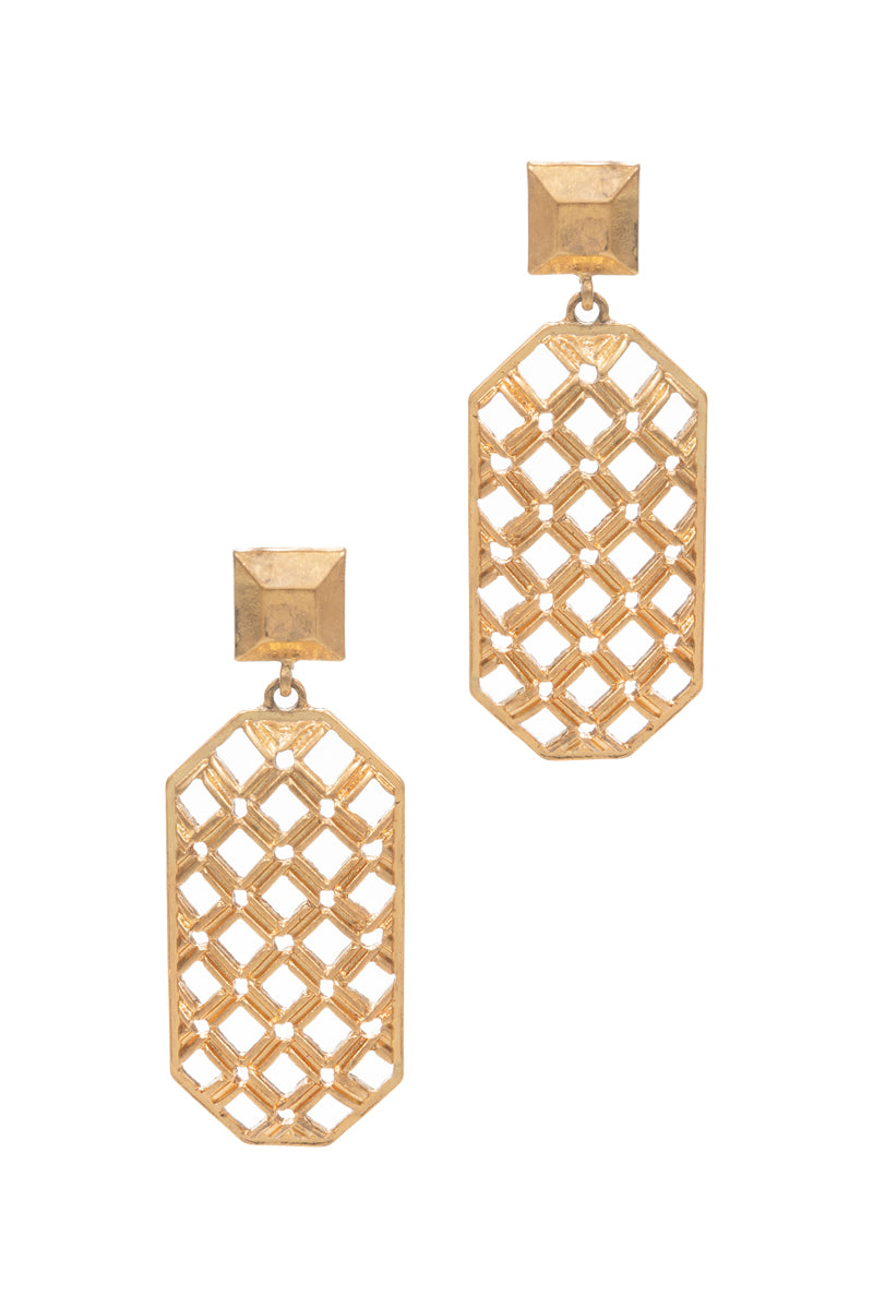 Octagon Shaped Lattice Pattern Metal Post Earrings
