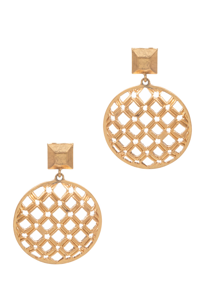 Round Shaped Lattice Pattern Metal Post Earrings