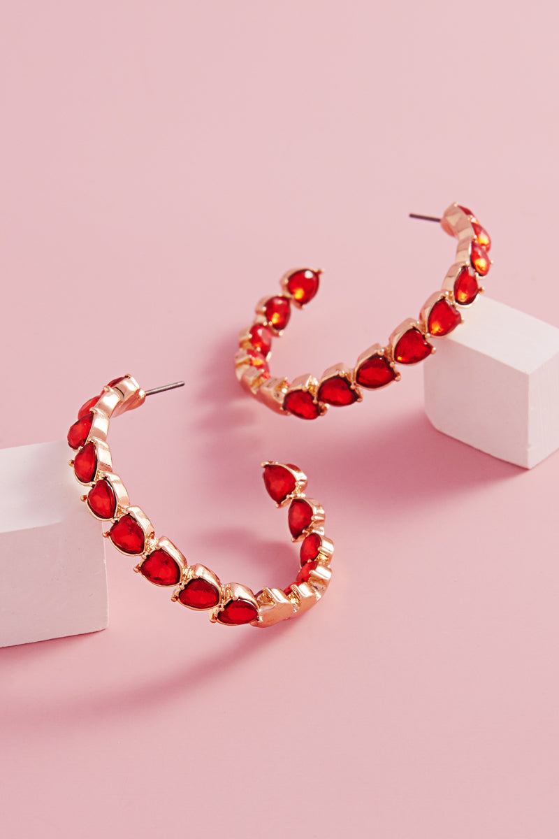 Valentines Day Heart Rhinestone Pave Hoop Earrings