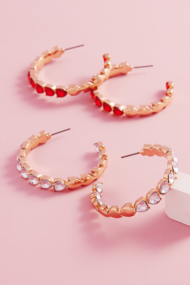 Valentines Day Heart Rhinestone Pave Hoop Earrings