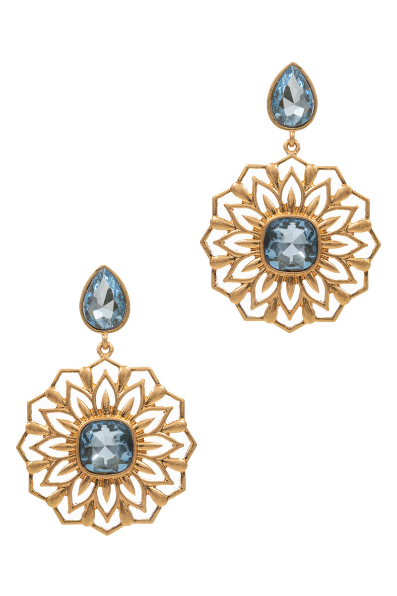 Flower Shaped Filigree Rhine Stone Post Earrings
