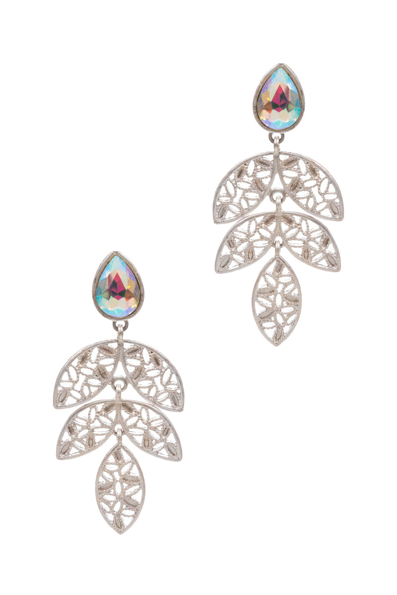 Leaf Shaped Epoxy Rhine Stone Post Earrings