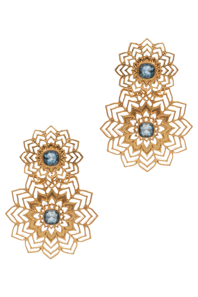 Double Flowers Epoxy Rhine Stone Post Earrings
