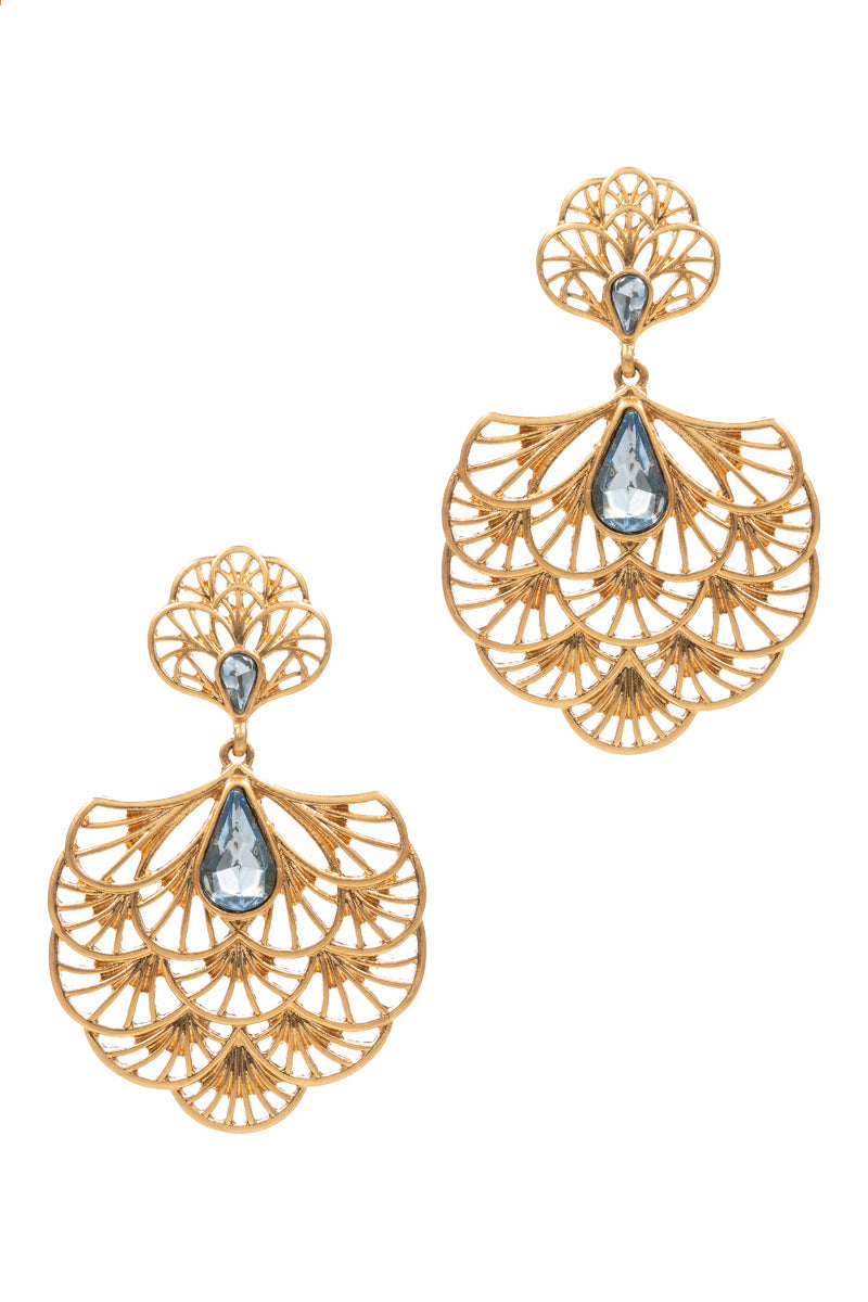 Detailed Laef Drop Epoxy Rhine Stone Post Earrings