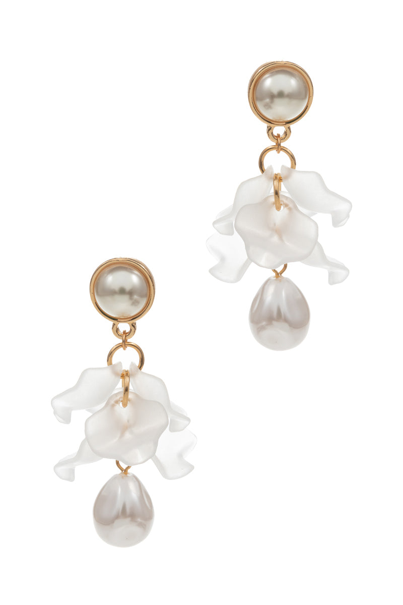 Linear Shaped Pearl Flower Post Earrings