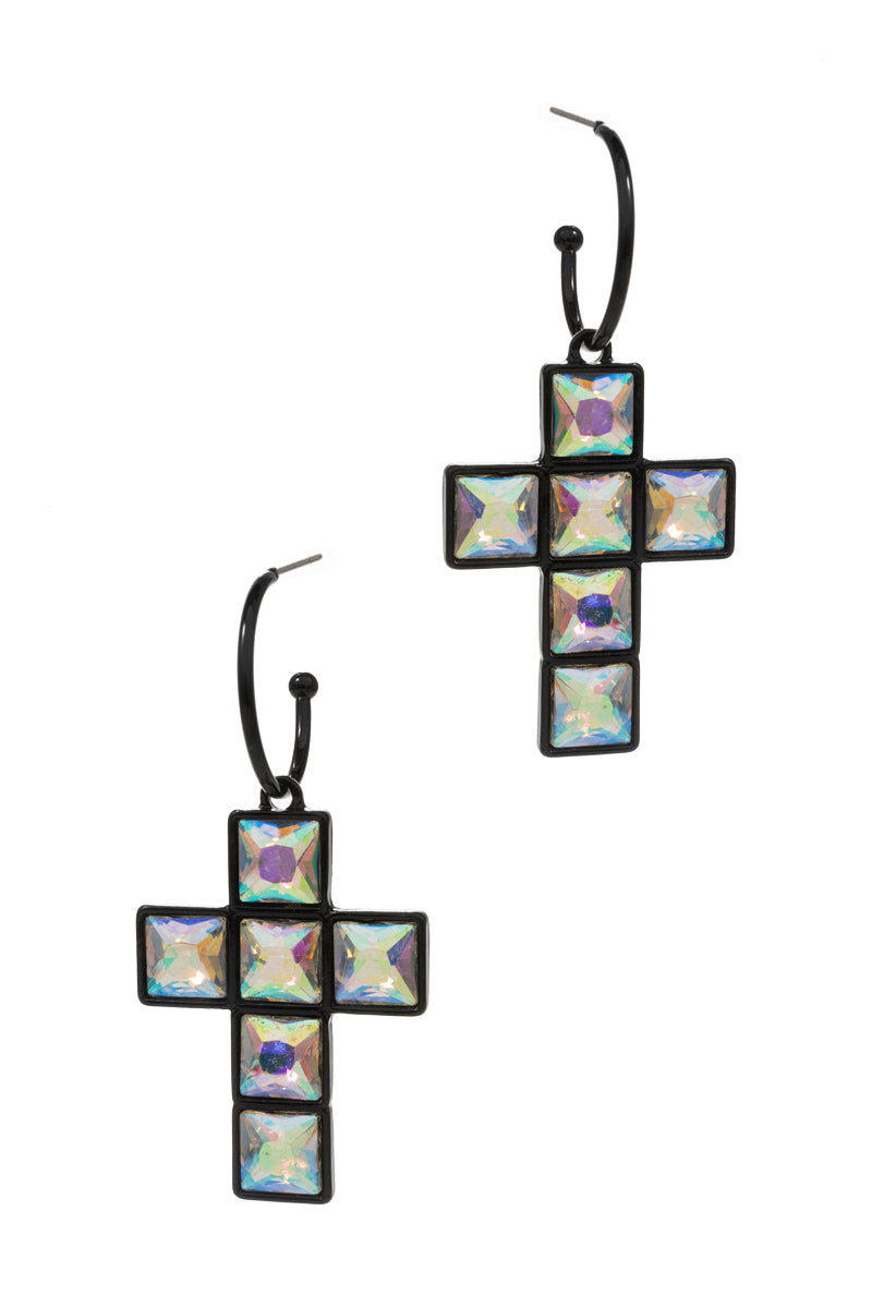 Cross Shaped Rhine Stone Hoop Earrings