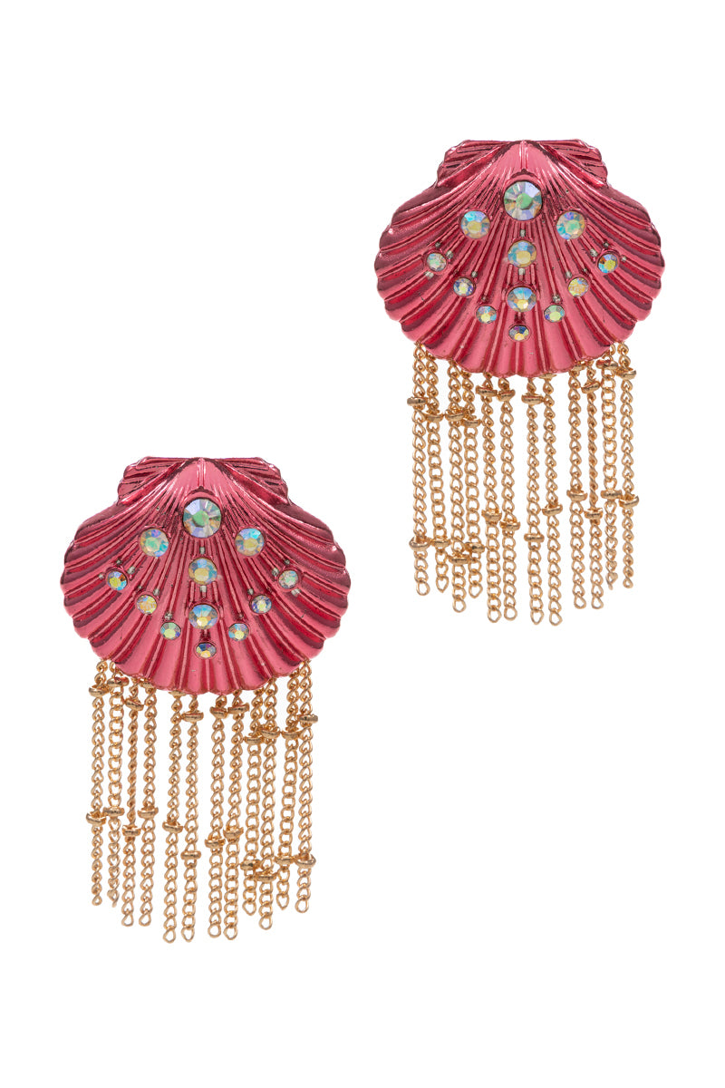 Shell Shaped Rhinestone Tassle Post Earrings