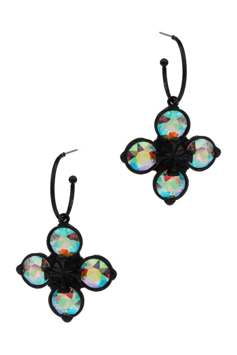 Flower Shaped Rhine Stone Hoop Earrings