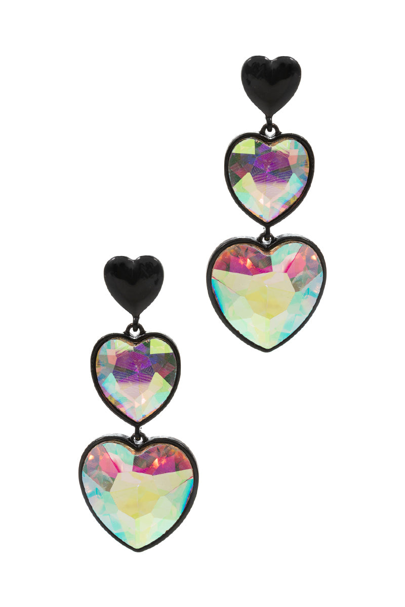 Heart Glass Rhine Stone Triple Drop Post Earrings
