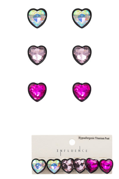 Heart 3 Set Ab Coated Rhine Stone Post Earrings