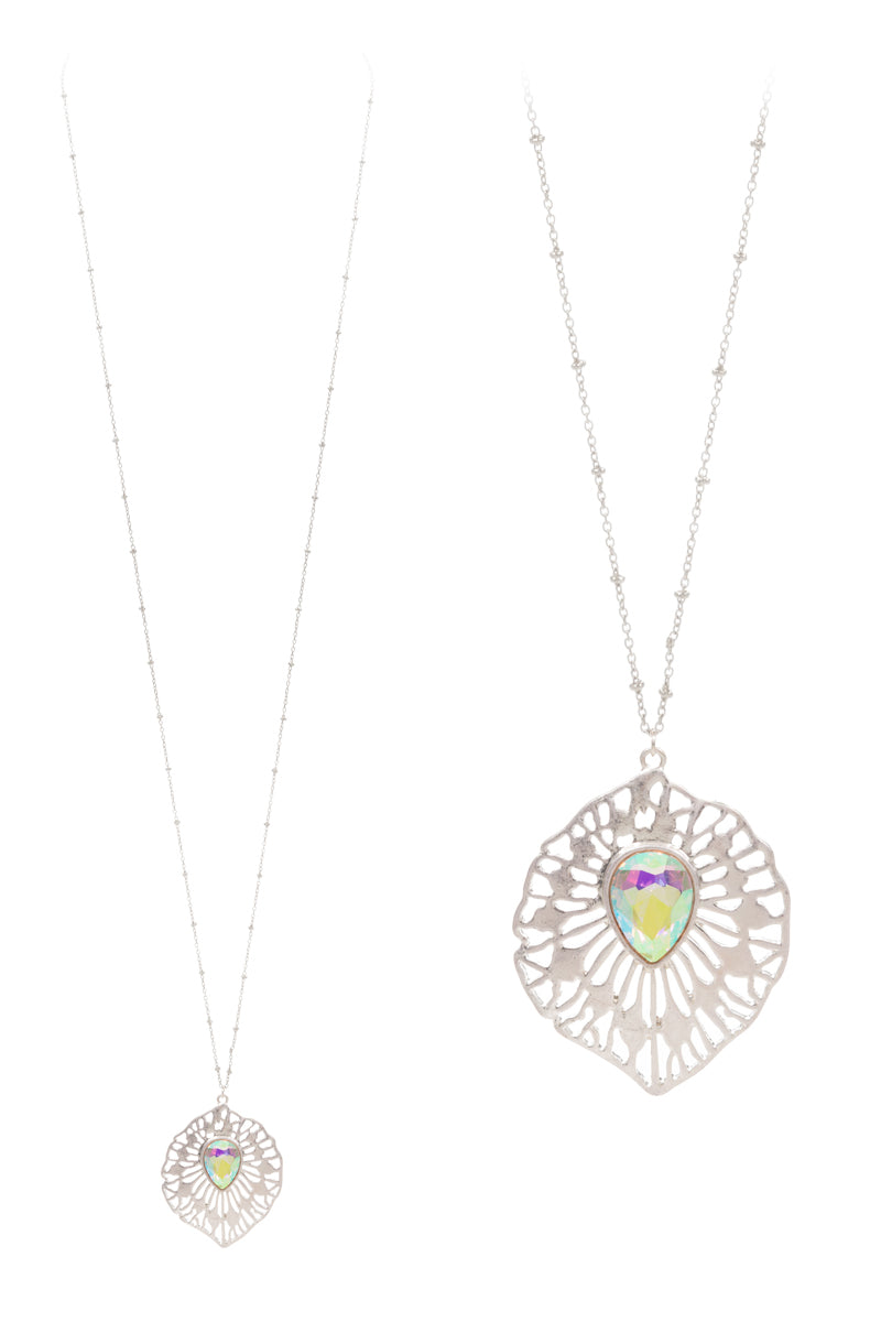 Leaf Vintage Filigree Rhine Stone Long Necklace