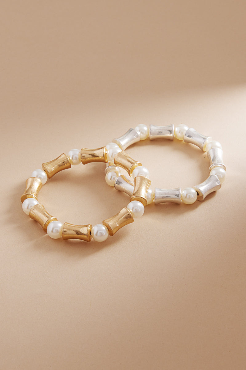 Vintage Pearl With Metal Bead Stretch Bracelet