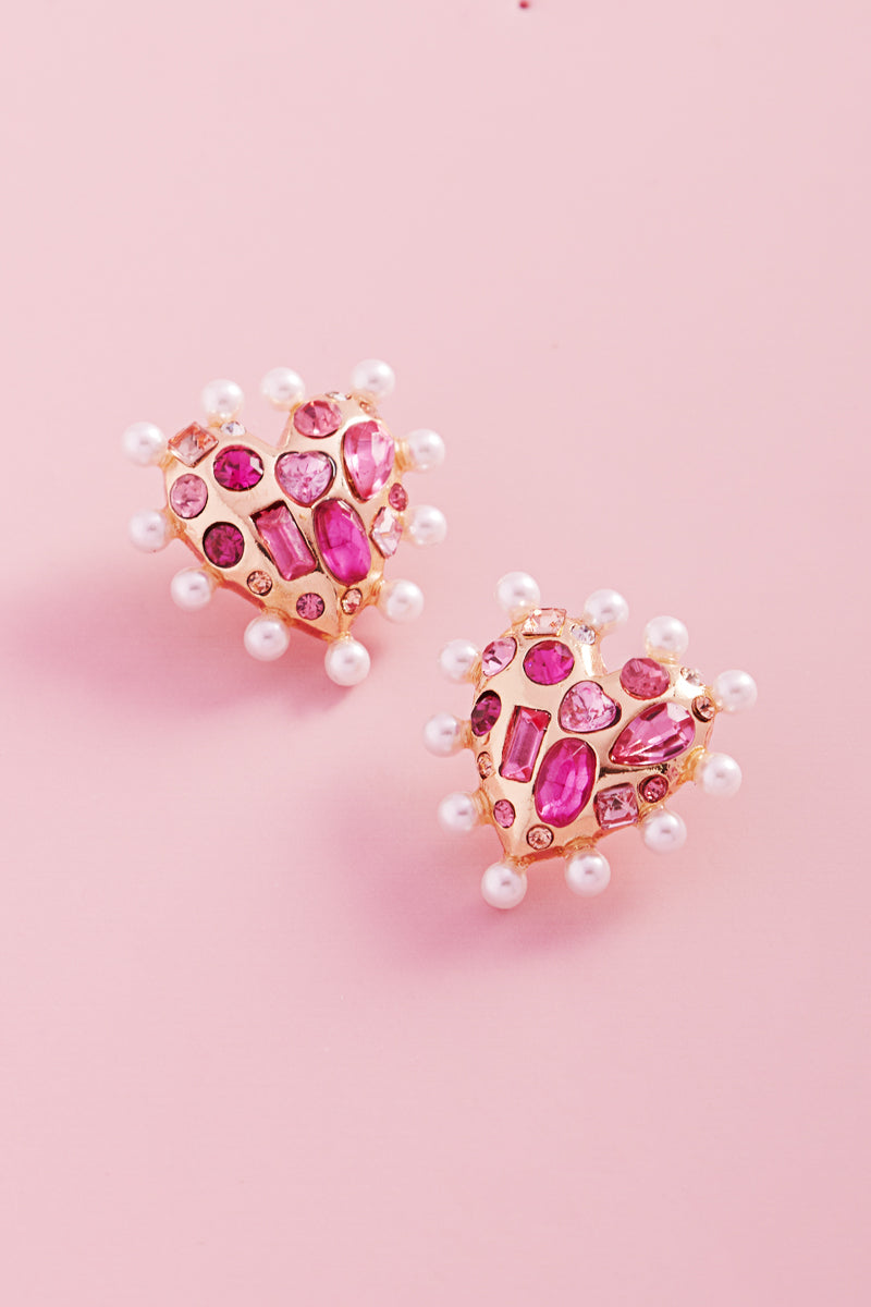 Valentine Heart Metal Stones Pearls Post Earrings