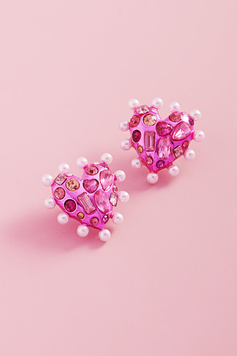 Valentine Heart Metal Stones Pearls Post Earrings
