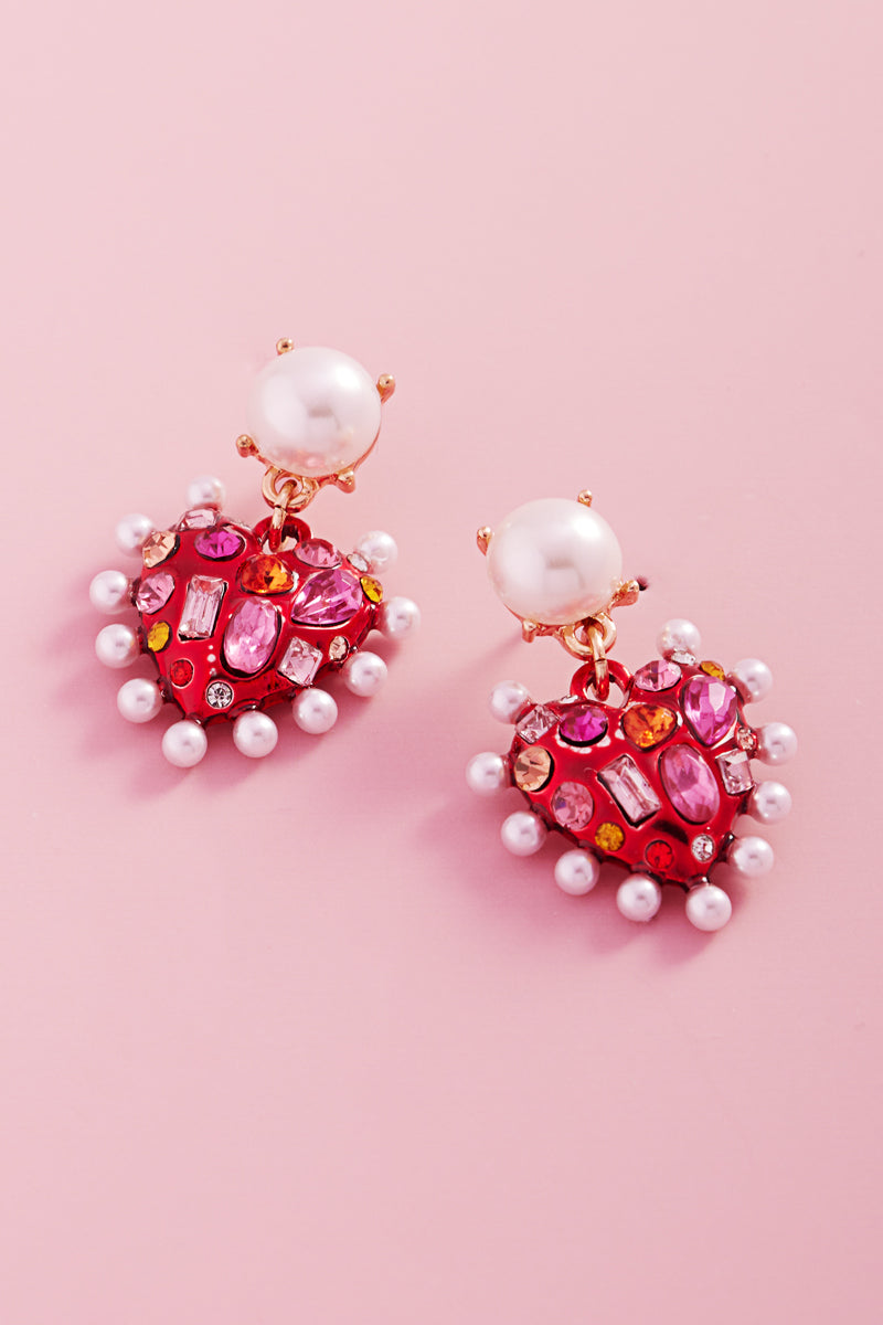 Valentines Heart Metal Stone Pearl Post Earrings