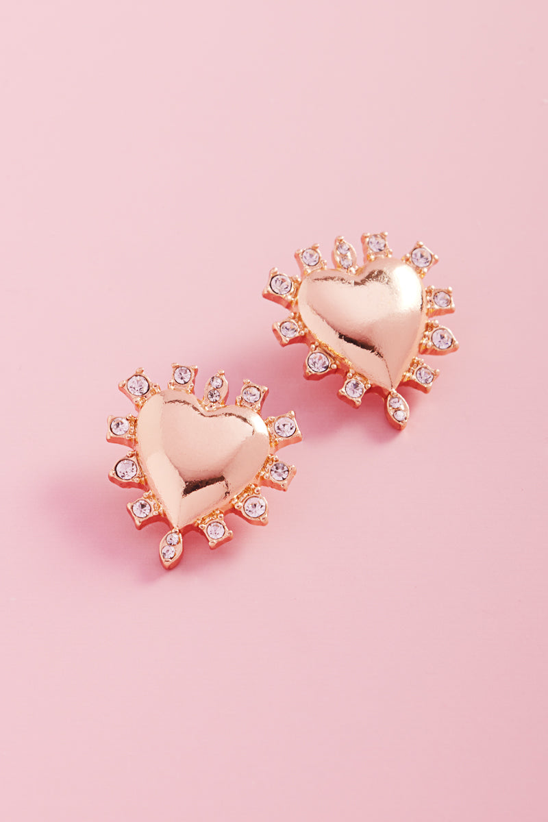 Valentine Heart Metal Color Stones Post Earrings