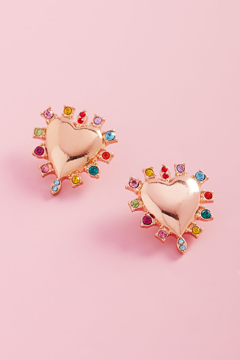 Valentine Heart Metal Color Stones Post Earrings