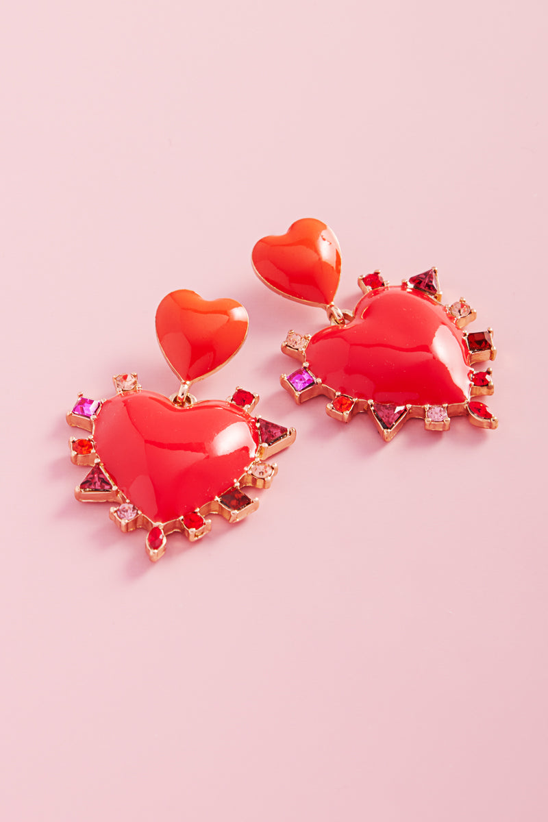 Valentines Heart Enamel Color Stones Post Earrings