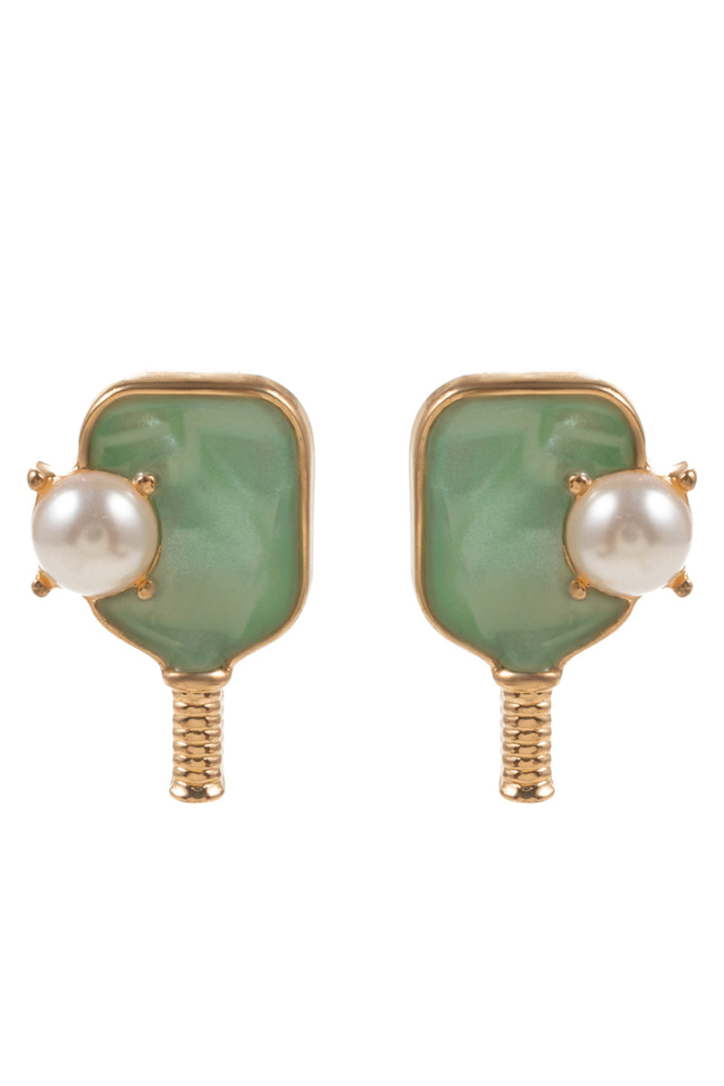 Sports Pickleball Shimmery W Pearl Post Earrings