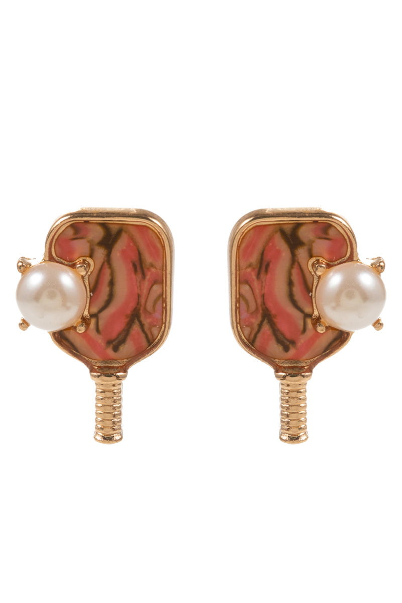 Sports Pickleball Shimmery W Pearl Post Earrings