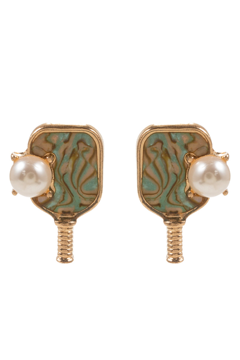 Sports Pickleball Shimmery W Pearl Post Earrings