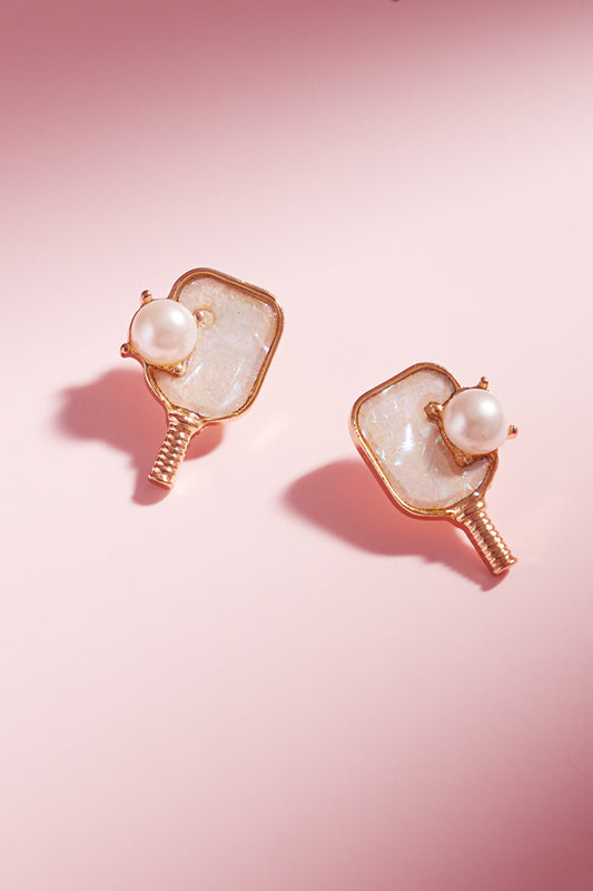 Sports Pickleball Shimmery W Pearl Post Earrings