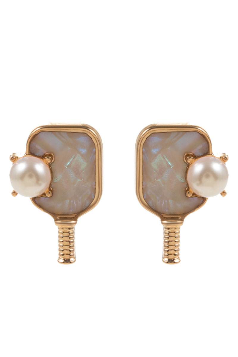 Sports Pickleball Shimmery W Pearl Post Earrings
