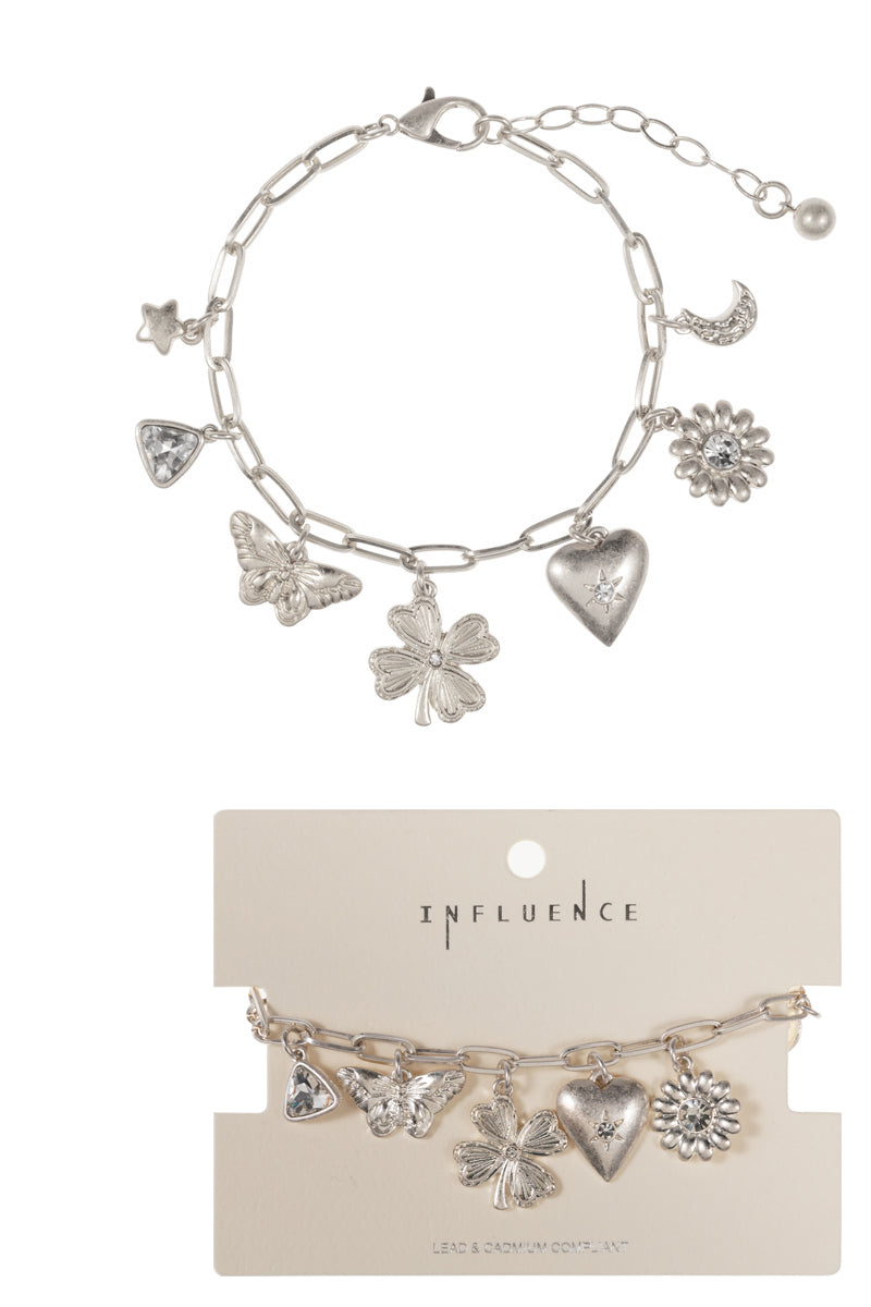 Flower Heart Butterfly Metal Charm Clasp Bracelet