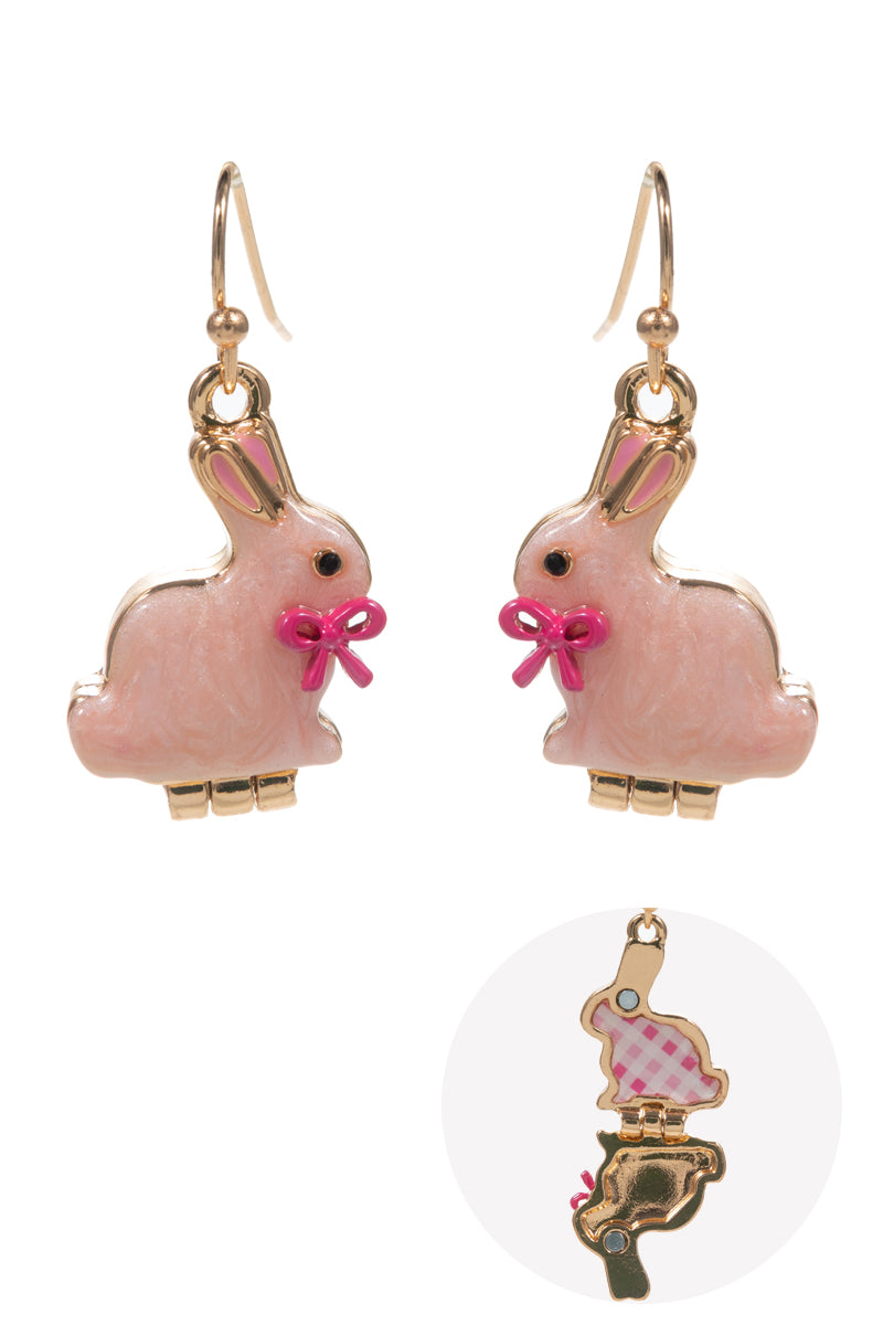 Easter Bunny Bow Enamel Locket Brass Hook Earrings