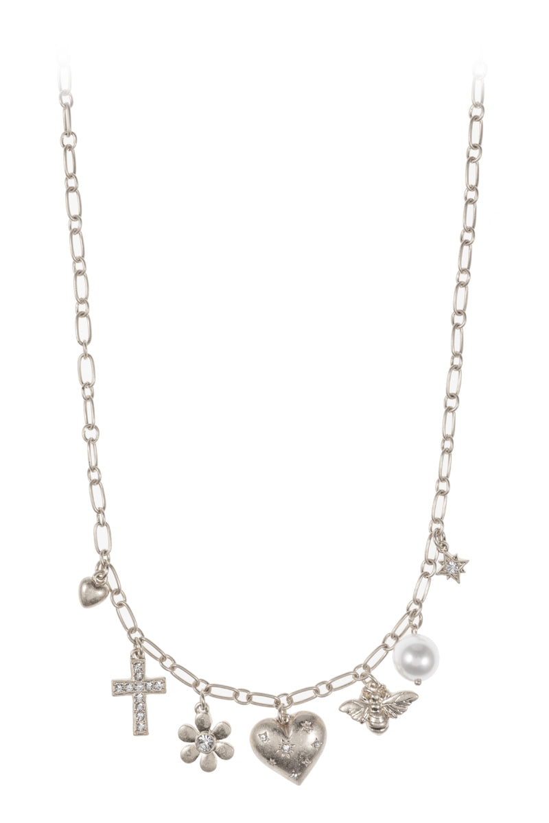 Heart Bee Flower Cross Metal Charm Short Necklace
