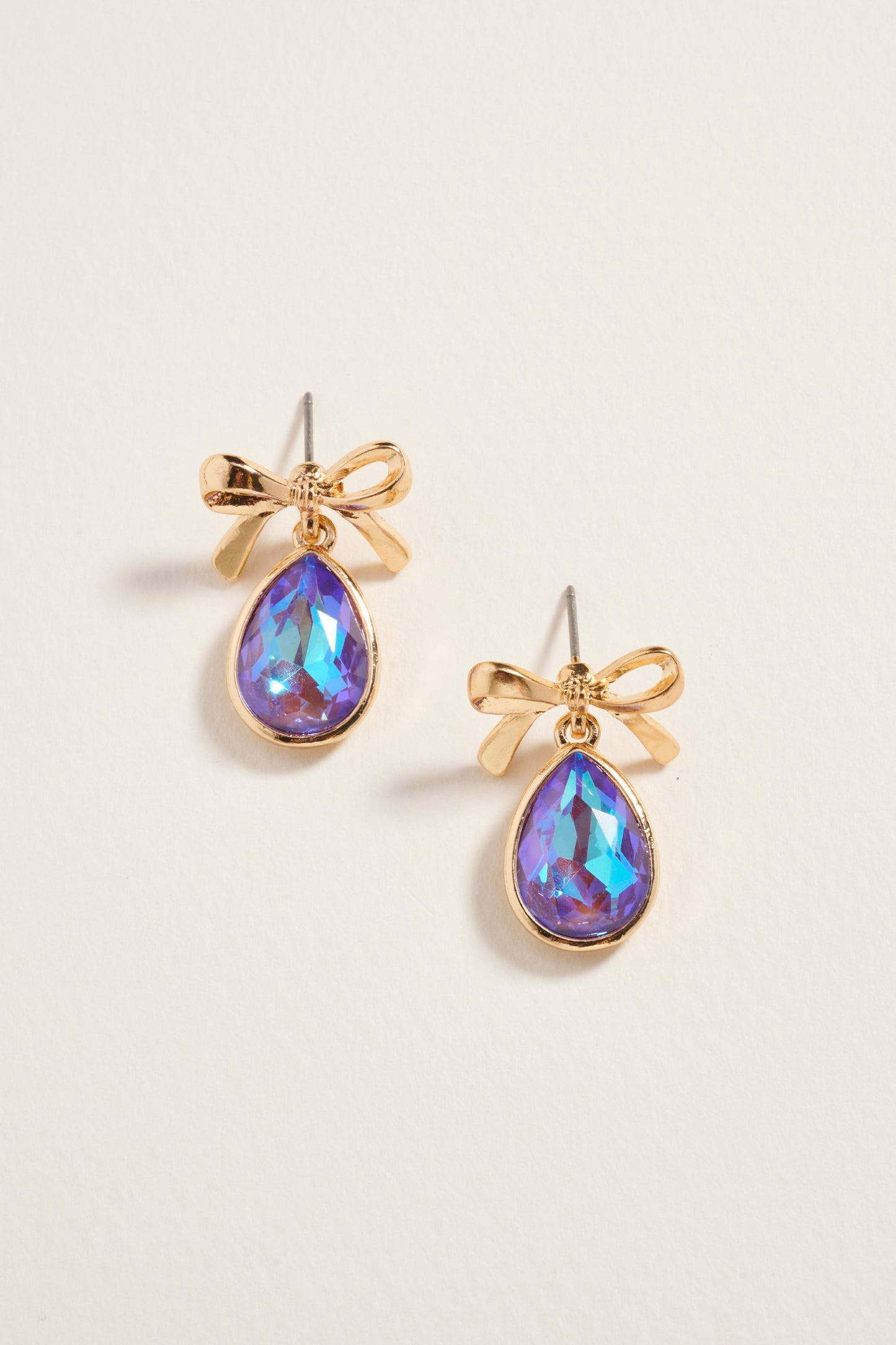 Teardrop Rhinestone with Metal Bow Post Earrings