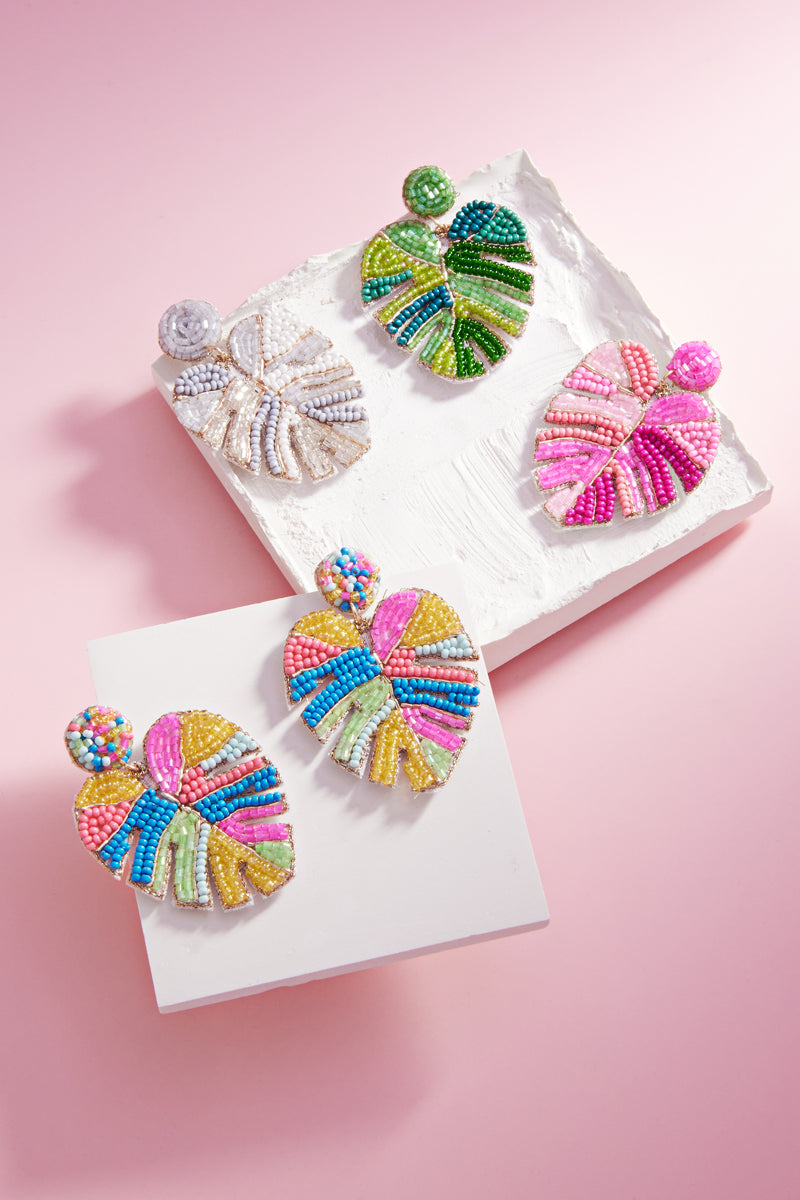 beaded monstera earrings Monstera Shaped Mixed Beaded Summer Post Earrings – Designature Newyork