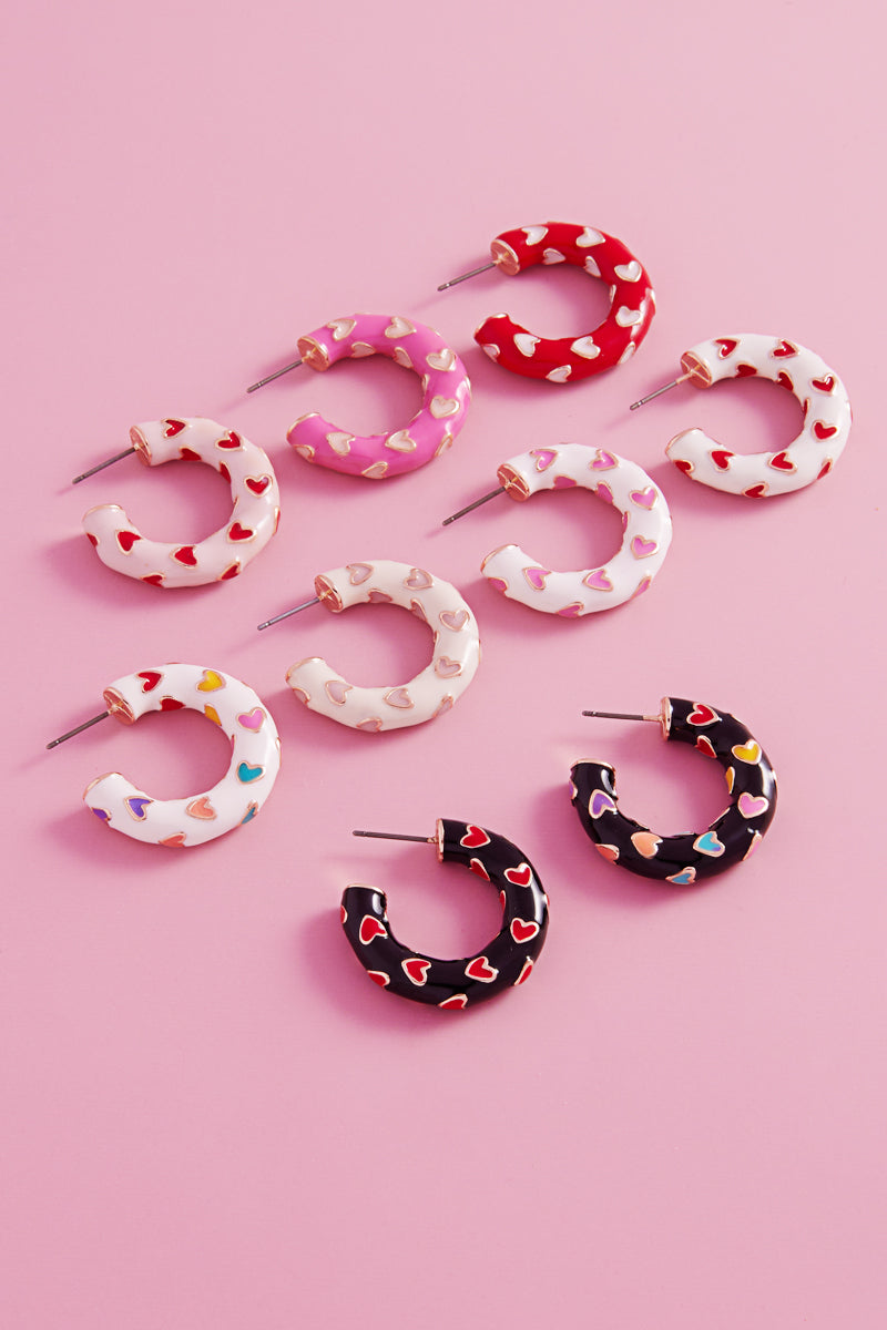 Valentines Day Heart Pattern Enamel Hoop Earrings
