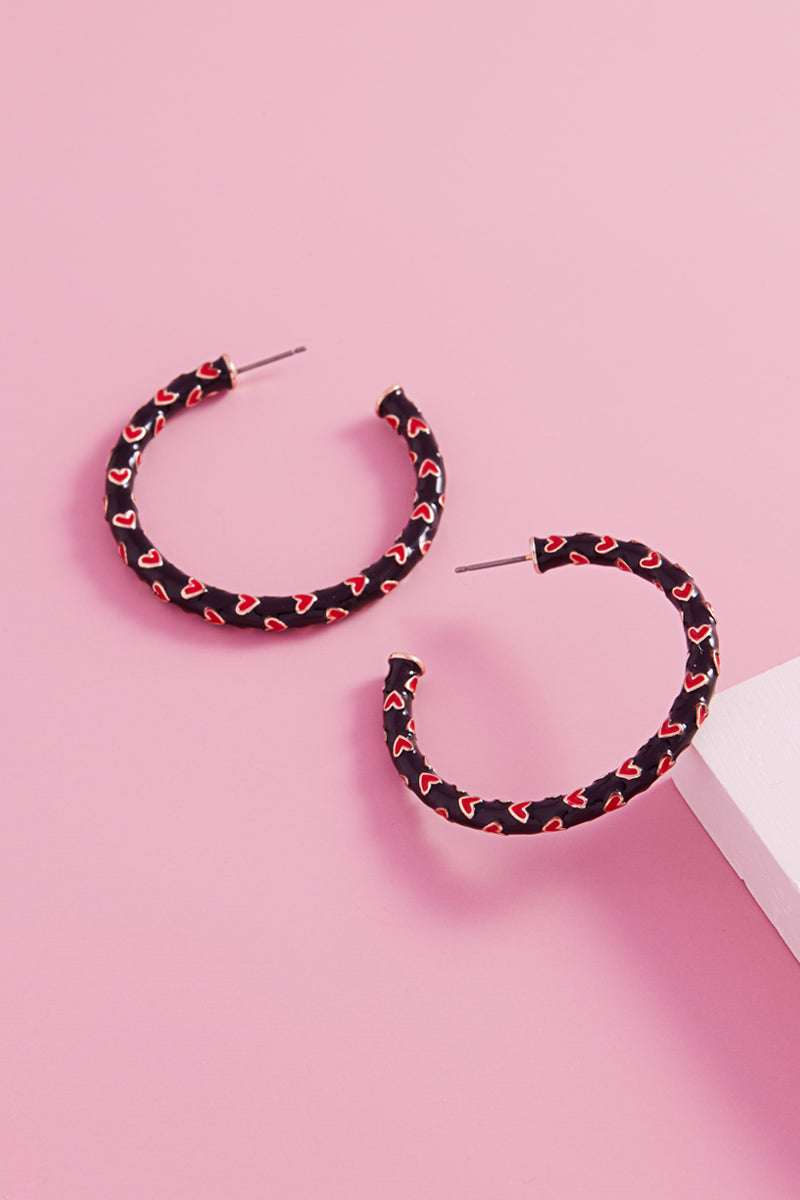Valentines Day Heart Pattern Enamel Hoop Earrings