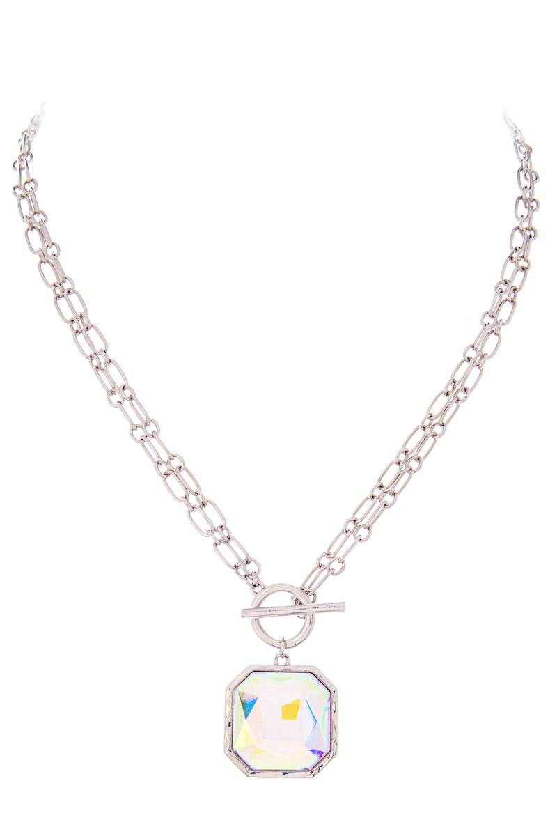 Ab Coated Glass Rhine Stone Pendant Long Necklace