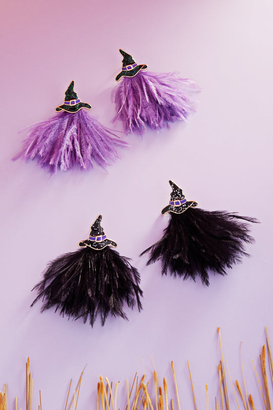 Halloween Feather Tassel W Witch Hat Post Earrings