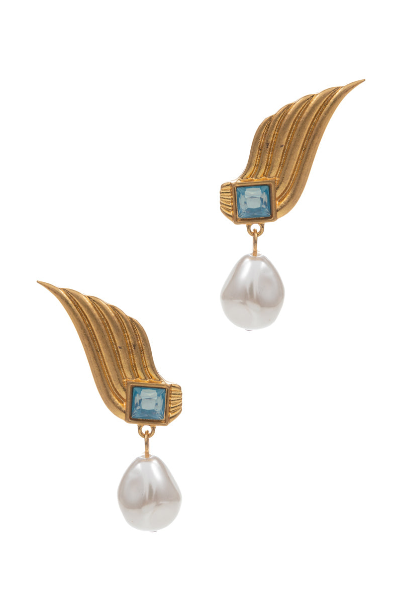 Wing Shaped Glass With Pearl Post Earrings