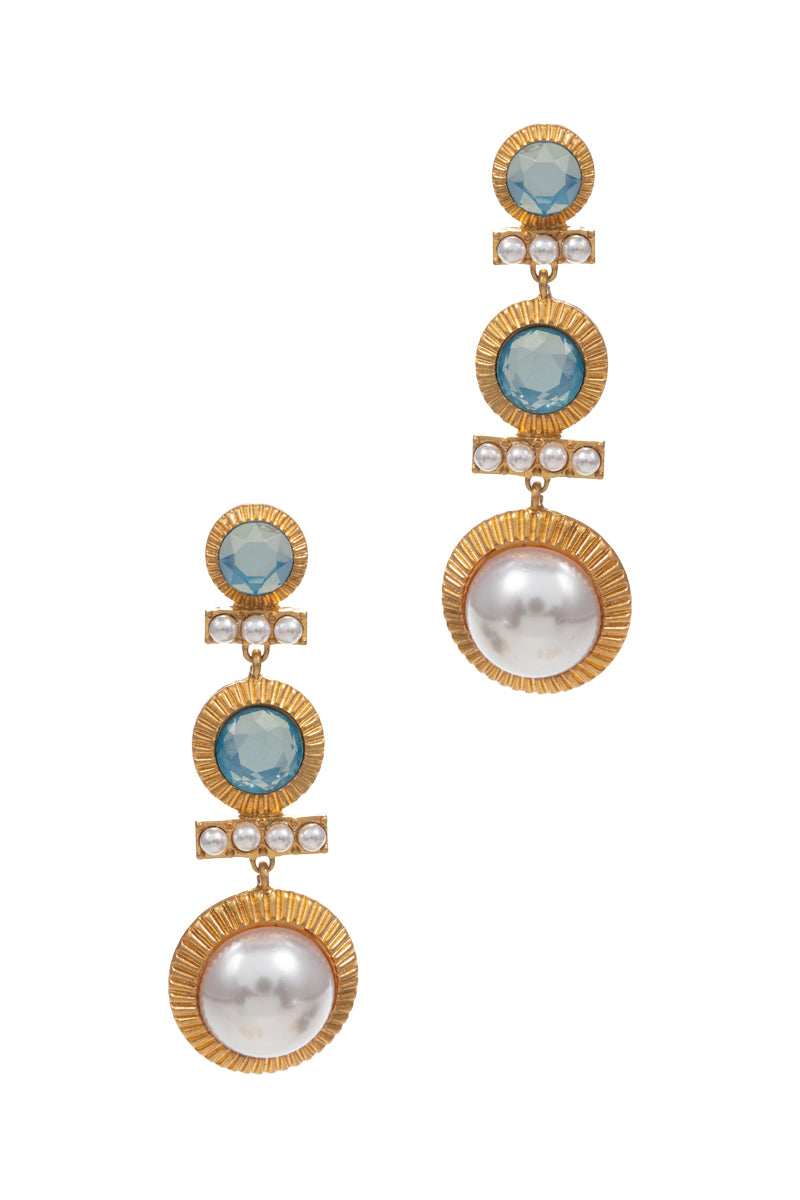 Linear Shaped Pearl Glass Three Drop Post Earrings