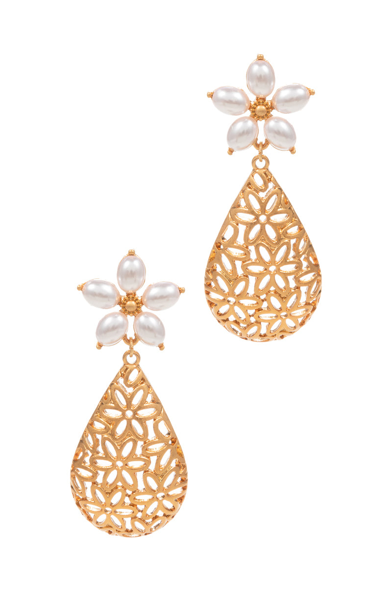 Teardrop Shape Puffed Flower Pattern Post Earrings