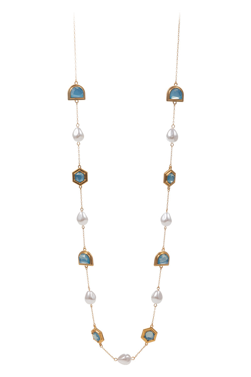Mixed Shape Pearl With Glass Station Long Necklace
